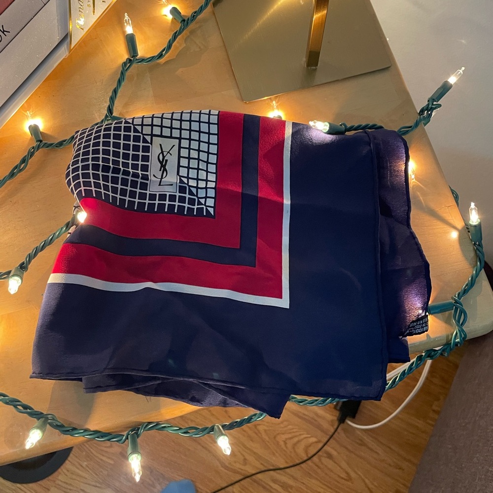 Yves Saint Laurent Red and Navy Geometric Scarf - Picture 3 of 8